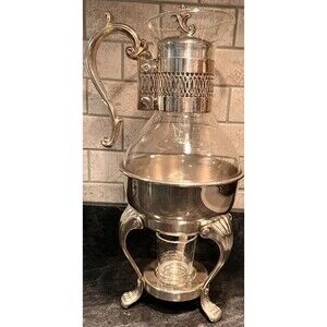 VINTAGE FB ROGERS GLASS & SILVER PLATED COFFEE CARAFE W/ WARMING STAND